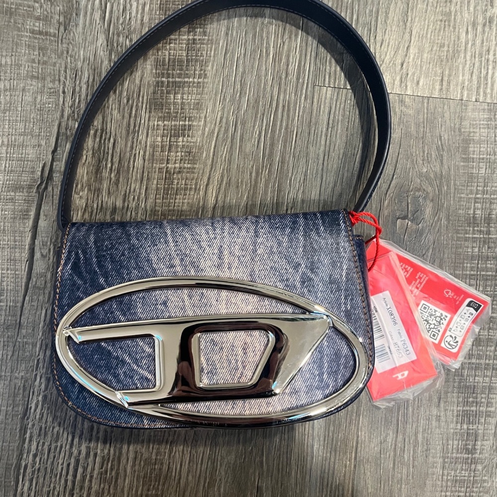 Diesel 1DR Denim Print Leather Shoulder Bag Blue Silver D Logo X08396 H7663